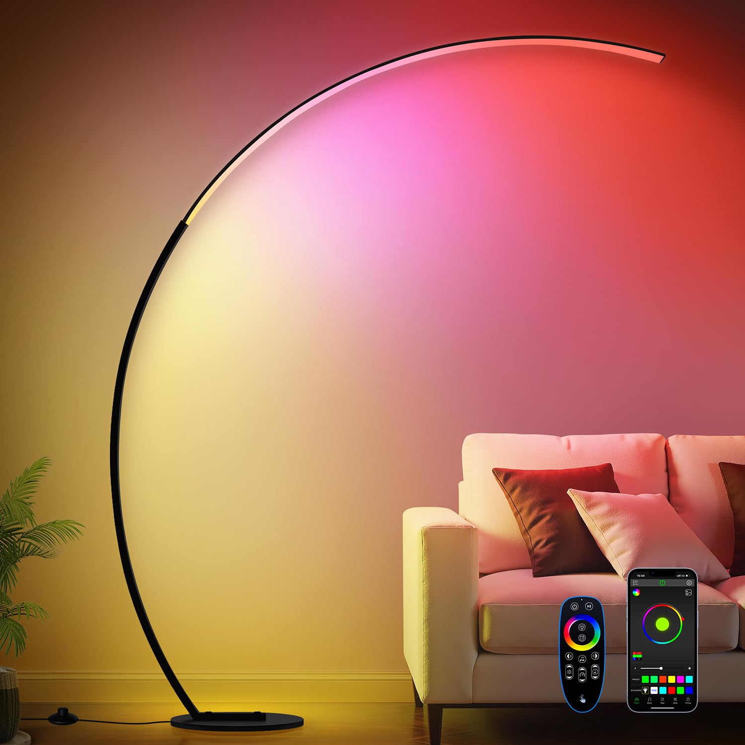 RGB Dimmable Arc Floor Lamps with 3 Color Temperatures, Ultra Bright 1800LM LED Floor Lamps for Living Room, Modern Standing Tall Lamp with Remote Control, Reading Floor Lamp for Bedroom Office Image
