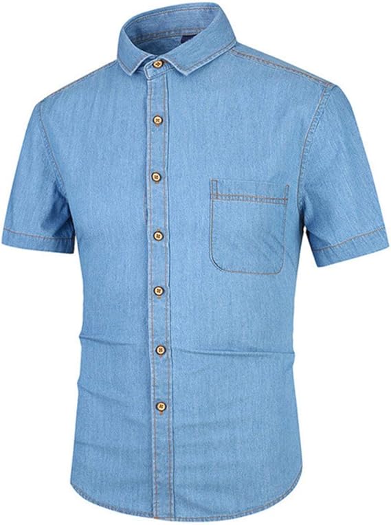 Summer Short Sleeve Cotton Denim Men Shirt Thin Slim Fit Casual Male