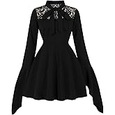 Wellwits Women's Lace Insert Gothic Bell Sleeves Vintage Dress