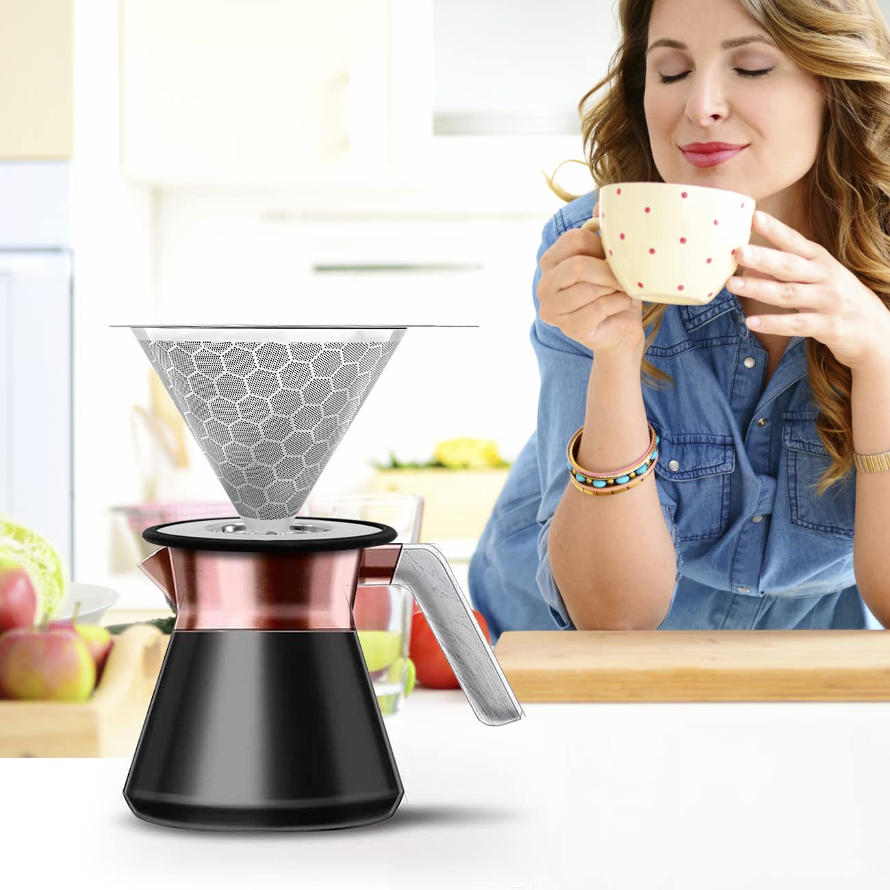 Pour Over Coffee Dripper Reusable Coffee Filter Metal Cone Filter Paperless Coffee Filter Stainless Steel Pour Over Coffee Maker Single Cup Brew Coffee Filter, Double Mesh