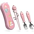 Training Chopsticks Set for Kids and Beginners,Chopstick Spoon Fork and Case Set,Reusable Learning Chopsticks with Attachable Learning Chopstick Helper - Right Handed Only Stainless Steel Pink