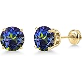Gem Stone King 14K Yellow Gold Blue Mystic Topaz Stud Earrings for Women | 4.00 Cttw | Gemstone November Birthstone | Round 8MM
