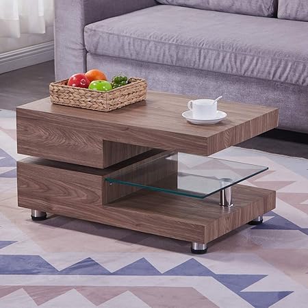 Goldfan Haute Brillance Table Basse Rectangulaire Pivotant A 2 Niveaux Table De Salon Plateau En Verre Avec Stockage Design Original Marron Amazon Fr Cuisine Maison