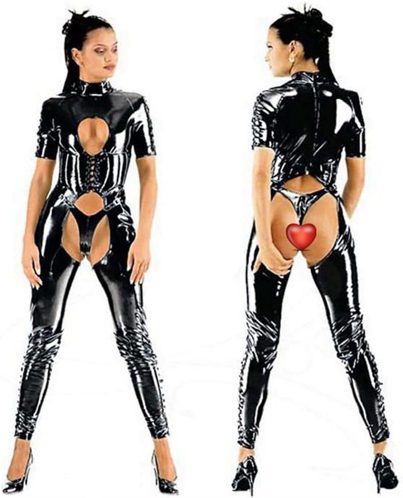 Lover lingerie Womens Wet Look Catsuit Sexy Open Crotch Dew Chest Bodysuit Pvc Leather Leggings