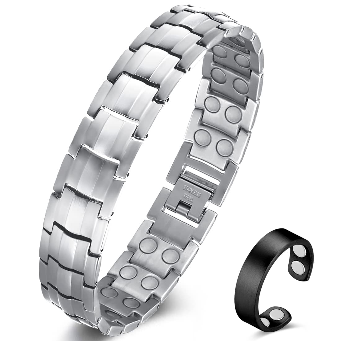 Vicmag Men Magnetic Bracelets Titanium Steel Magnet Bracelet Ultra Strength Double Row Wristband Brazaletes with Adjustment Tool & Gift Box (Silver)