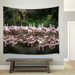 A Flock of Pink Flamingos and Reflection in The Water. - Fabric Wall Tapestry Home Decor - 51x60 inches
