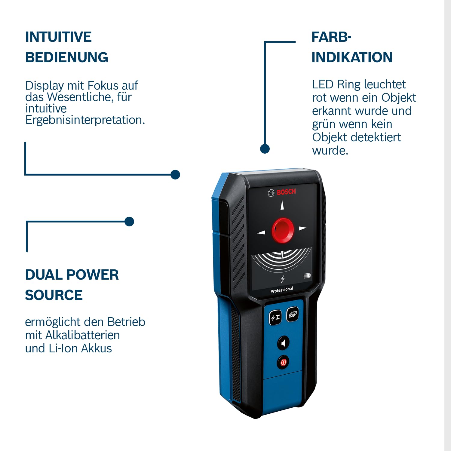 Bosch Professional Ortungsgerät GMS 120-27 (2xAA Batterien, max. Detektionstiefe Nicht-magnetisches Metall/magnetisches Metall/Spannungsführende Leitungen/Holz: 120/100/50/30 mm, Schutztasche) 3