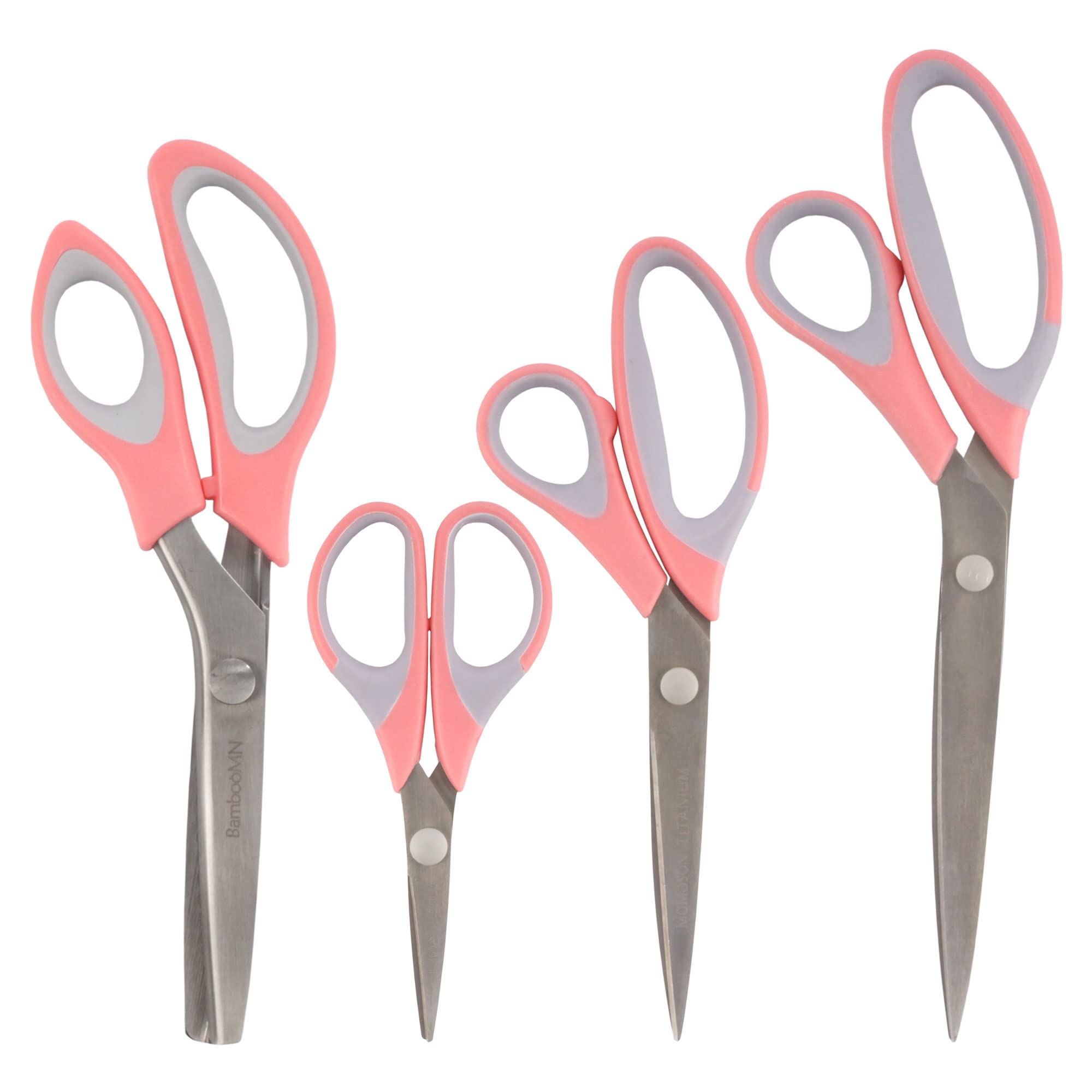 BambooMN Titanium Softgrip Scissors Set - Pinking, Sewing, Arts, Crafts, Office - 1 Set of 4 - Pink