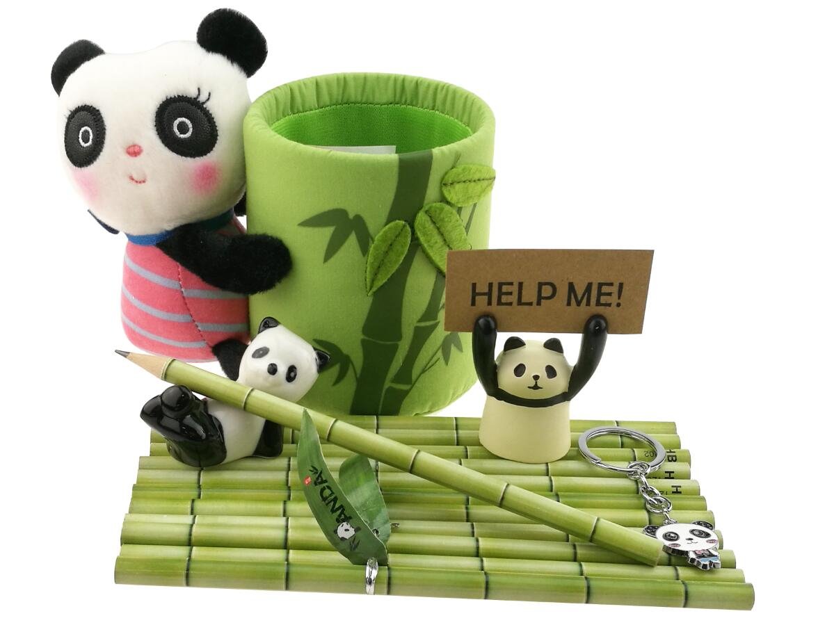 Cute Black and White Panda Theme Stationery Set Include 12 HB Bamboo Pencils 1 Pencil Holder 1 Memo Holder Organizer 1 Ceramic Panda Toy 1 Keychain for Kids School Study Gift