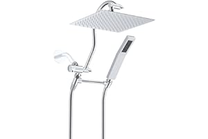 Hibbent All Metal Shower Head, 10'' High Pressure Rainfall Shower Head, Showerhead Combo/Handheld Shower Wand, 12'' Adjustable Curved Shower Extension Arm, 71'' Hose, 2 Shower Head Holders, Chrome