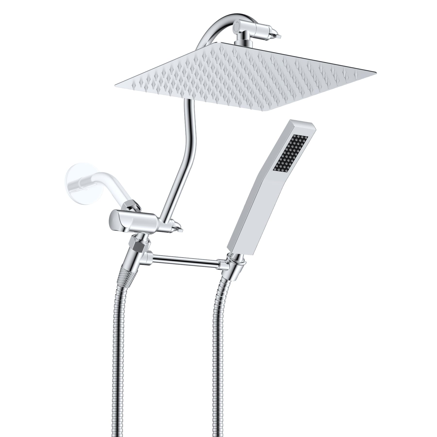 Photo 1 of Hibbent All Metal Shower Head, 10'' High Pressure Rainfall Shower Head, Showerhead Combo, Handheld Shower Wand, 12'' Adjustable Curved Shower Extension Arm, 71'' Hose, Shower Head Holder, Chrome
