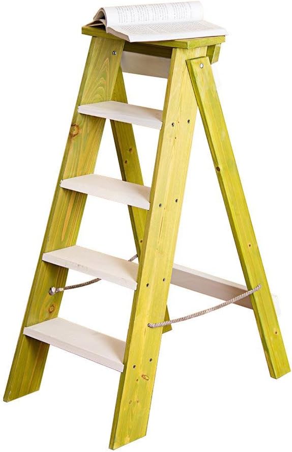 BUDENG Folding ladder Multifunction Unilateral 5 step ladder Solid wood, Bearing 100kg, High 91cm, 4 colors (Color : Green)