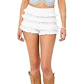 Women Hollow Out Crochet Knit Shorts Ruffled Layered Pleated Tiered Summer Fall Beach Music Festival Shorts