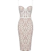 Lace Fishbone Midi Cocktail Party Bandage Dress for Women Back Slit Wedding Guest Dress