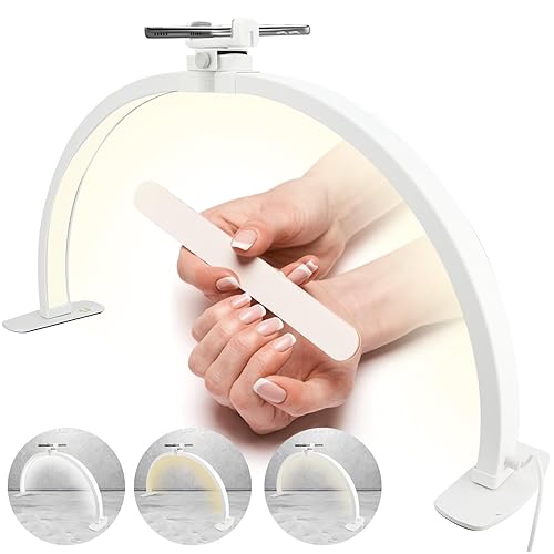 VINGVO Half Moon Lamp, Foldable 3000‑6000k Half Moon Light, Nail Desk Lamp with Phone Holder, LED Nail Light for Desk, White Desk Lamp for Lash Eyelash Extension, Tattoo,Nail, Eyebrow (White)