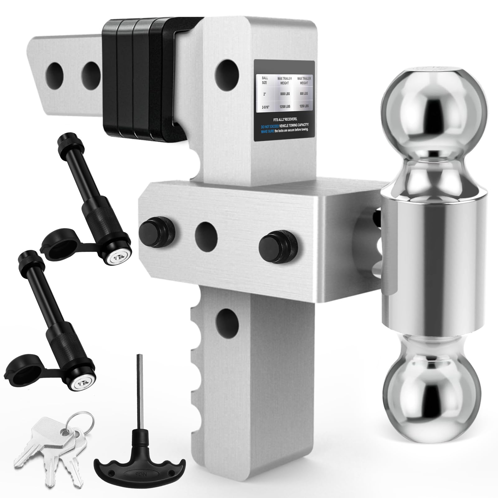 Photo 1 of **MISSING PARTS**
Bornerwhite Adjustable Trailer Hitch Fit 2 inch Receiver, Drop Hitch 8-Inch Drop/Rise, (2" & 2-5/16") Towing Ball Mount Aluminum Tow Hitch for Trucks RV Motorcycles, 12,500 LBS GTW, 2 Anti-Theft Pins