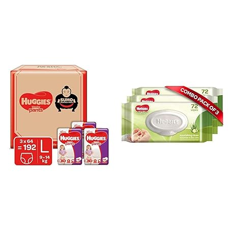 Huggies Wonder Pants Diapers Sumo Pack, Large (192 Count) & Huggies Baby Wipes - Cucumber & Aloe, Pack of 3 (216 Wipes)