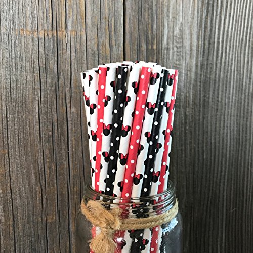 Minnie Mouse Theme Paper Straws - Mouse Ears and Polka Dots - Red White Black - 7.75 Inches - 100 Pa - //coolthings.us