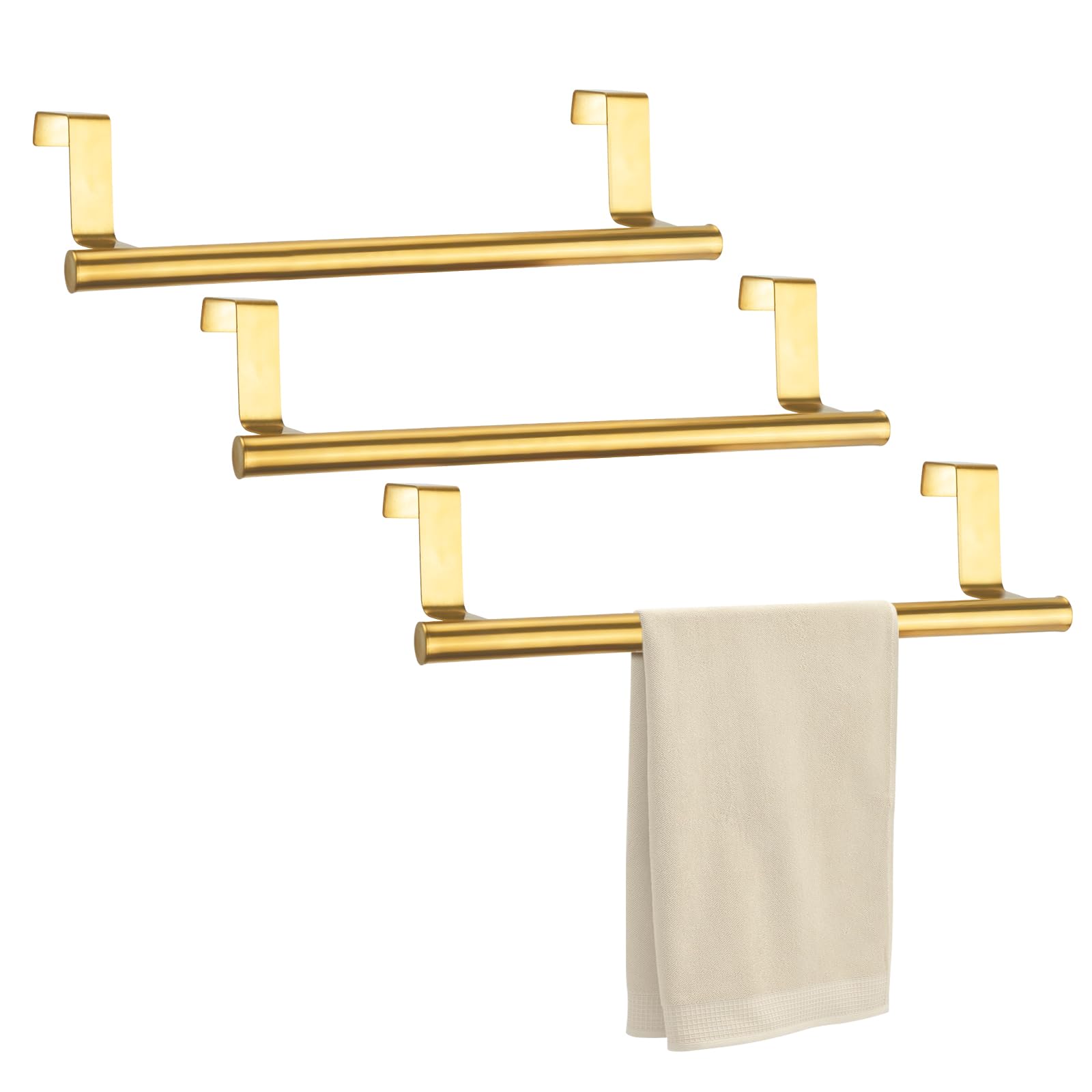RETON 3 PCS Over The Door Towel Rail, Stainless Steel Tea Towel Holders- 23cm, Kitchen Towel Rail with Anti-slip Pads, No Drilling (Gold)