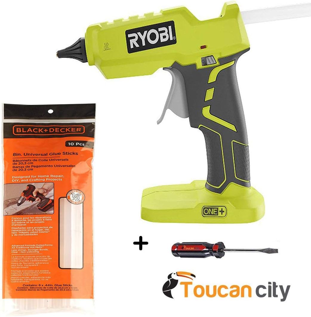 Toucan City Screwdriver + Ryobi 18-Volt ONE+ Glue Gun P305 + 8 in. x 7/16 in. Dia All Purpose Full Size Glue Sticks (10-Pcs)