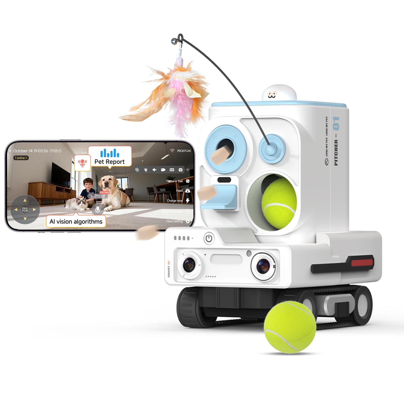 Photo 1 of PICKFUN Pmate AI Pet Robot Companion for Dogs & Cats, with Visual Recognition, Remote Video Interaction, Auto Feeding & Play, Red Light Teaser, Night Vision, Auto Charging, Blue