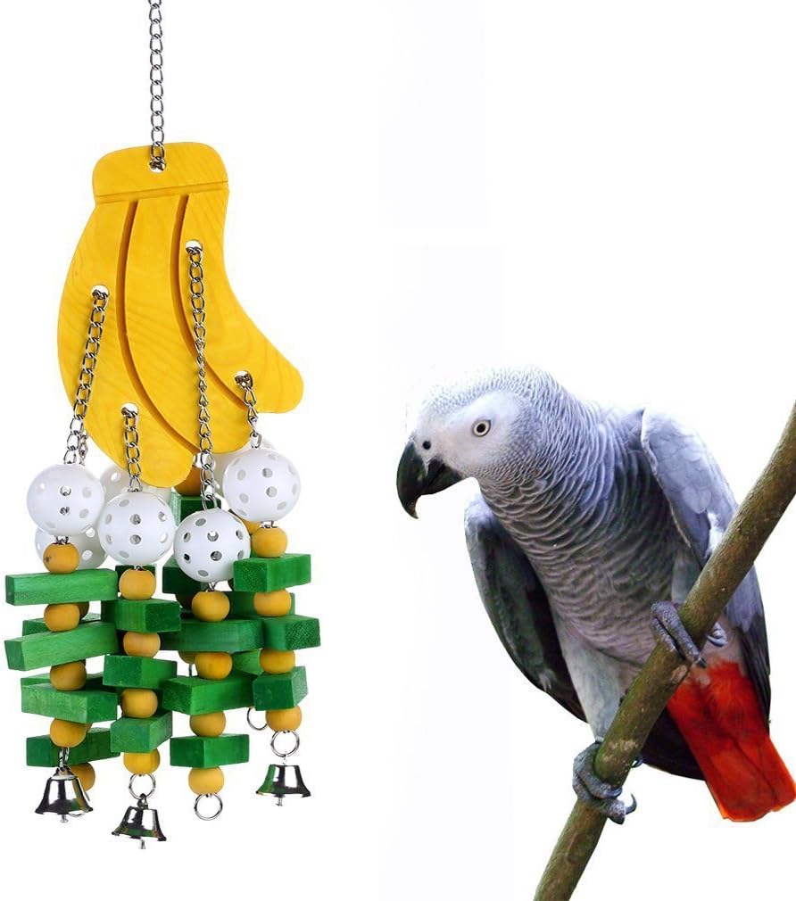 Parrot Hanging Swing Toy Bells Chew Toy Colorful Hanging Wood Block Parrot Macaw African Greys Cockatiels Budgies Conure Banana Shape Natural Birds Cage Hanging Toy