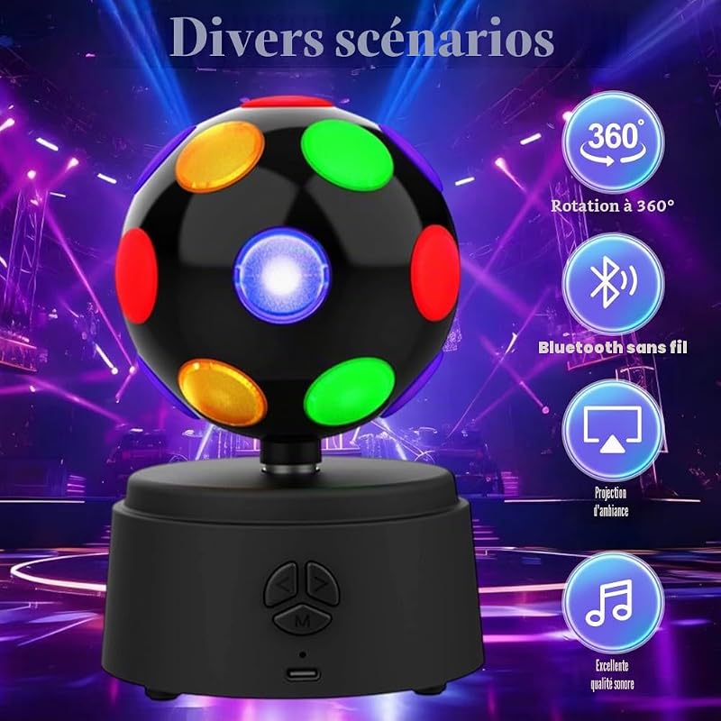 Boule disco rotative à 360 degrés, boule disco avec LED multicolore, lumière disco 3D - Prend en charge la connexion Bluetooth, haute compatibilité, effet son stéréo surround