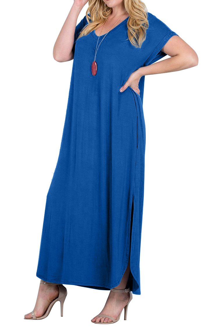 Womens Plus Size Dresses Short Sleeve Loose Plain Pockets Long Maxi T-Shirt Dress Blue XL