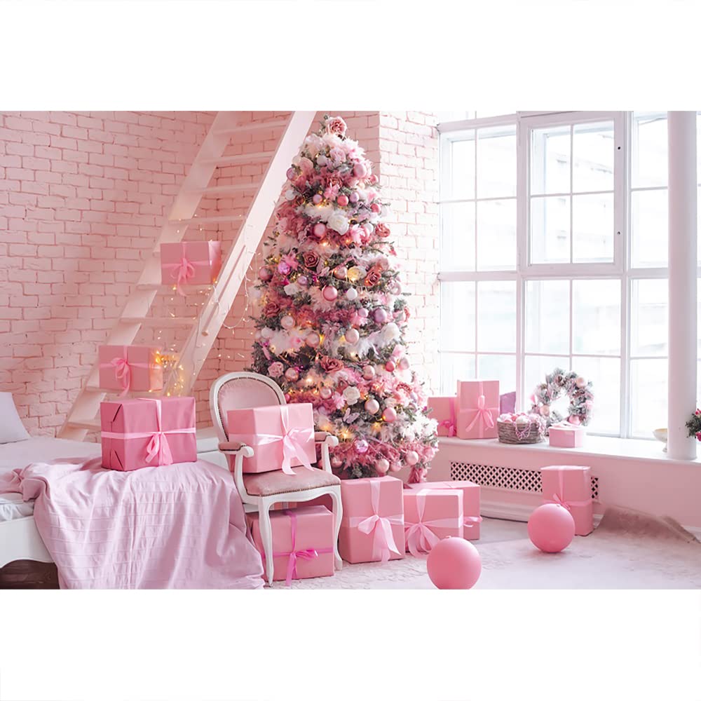 Aoihrraan 7x5ft Christmas Backdrop Pink Christmas Tree Ladder Gift Brick Wall French Windows Photography Background Baby Shower Happy New Year Holiday Party Banner Portrait Photo Studio Props