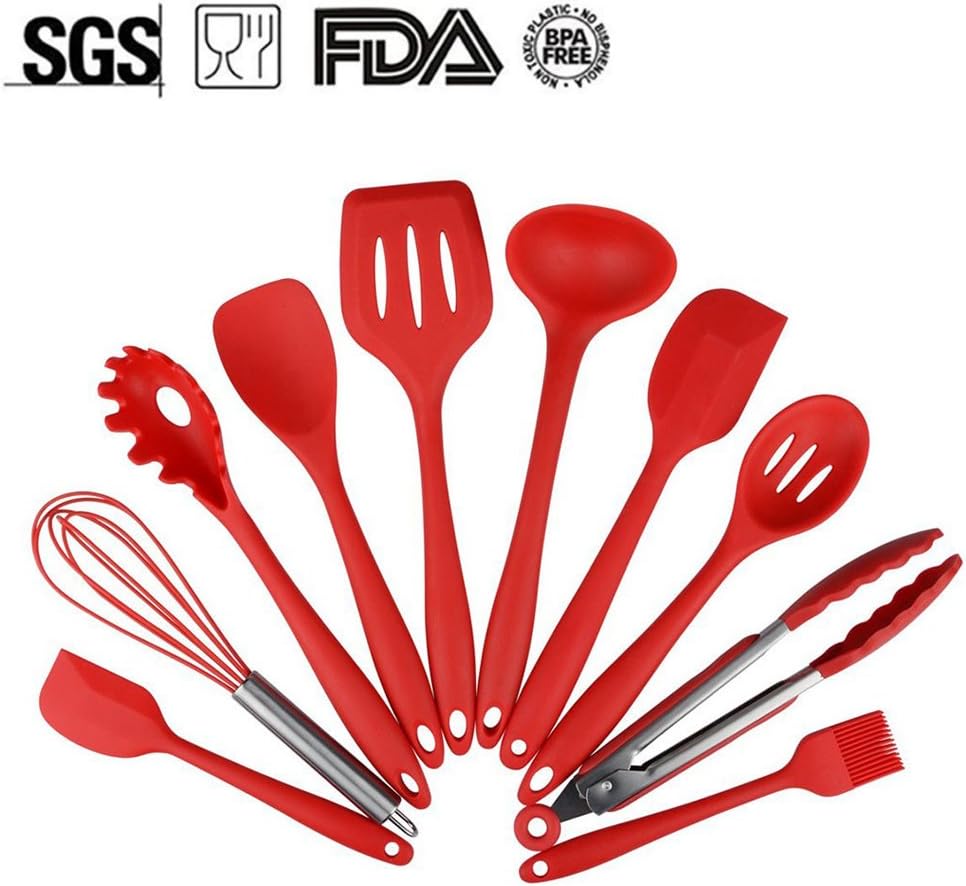 Silicone Kitchen Utensils, 10 Piece Premium Silicone Cooking Set, Heat Resistant and Nonstick Kitchen Utensil Set BPA Free, Dishwasher-Safe, Silicone kitchenware, Dahen (Red)