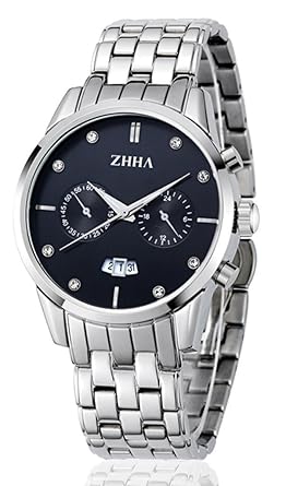 ZHHA Mens 013 Day Date Multifunction Chronograph Quartz Stainless Steel Black Waterproof Watch