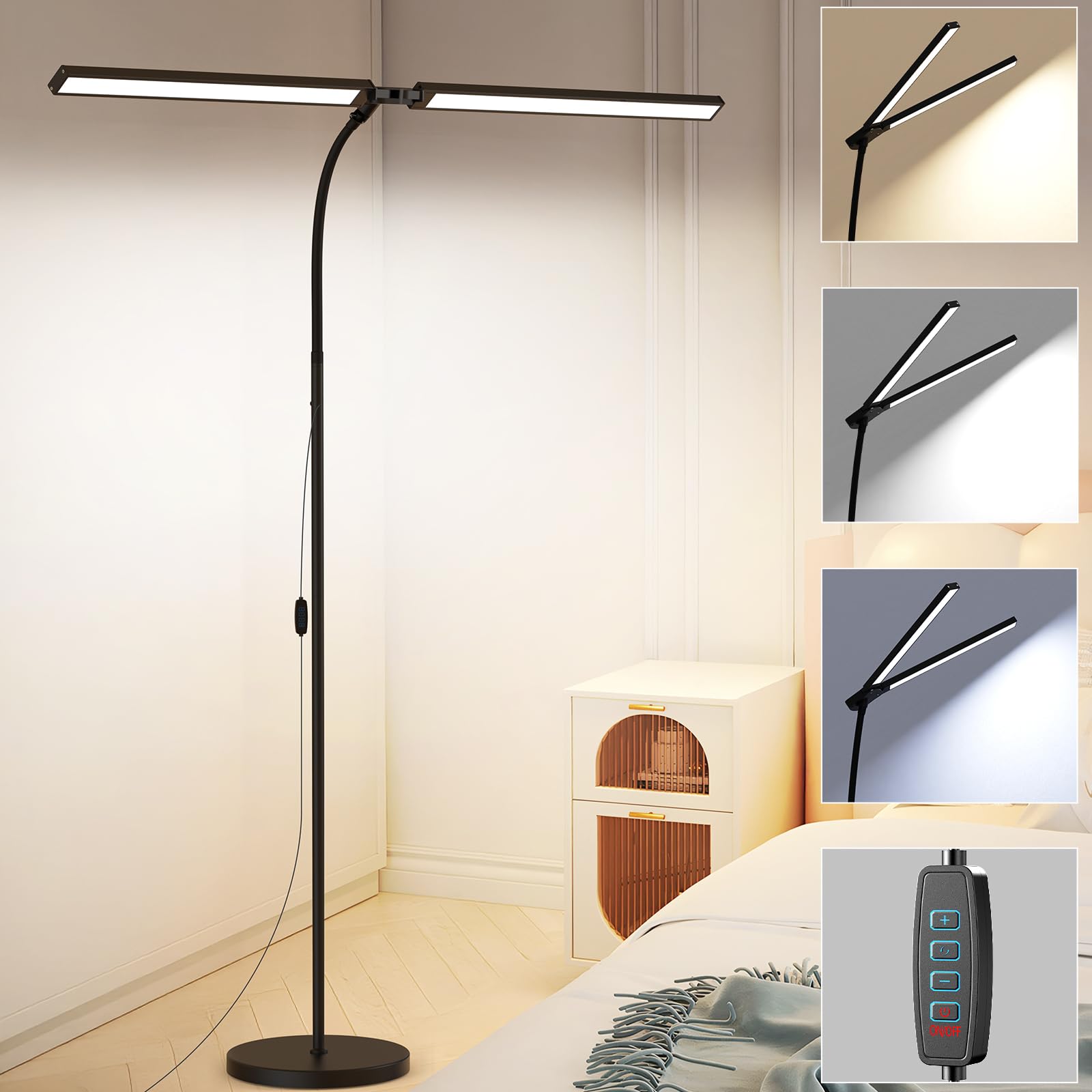 Photo 1 of 24W Ultra-Bright LED Floor Lamp for Living Room, 2400LM Double Head Craft Light with Adjustable Panels Gooseneck Lamp, Tall Standing Lamp for Office/Reading/Bedroom/Piano/Tattoo/Sewing/Puzzle/Lash