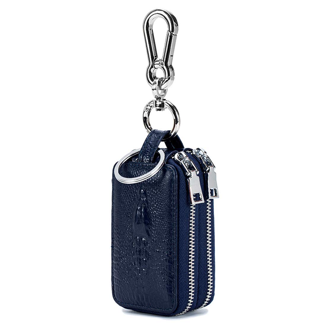 Aileder Car Key Case Leather Key Holder Wallet Bag Double Zipper Car Fob Pouch with KeyChain Key Ring for Men (Navy Blue Double Zipper)