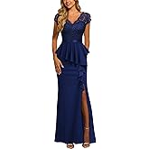 MISSMAY Women's Elegant Floral Lace Ruffle Split Cocktail Party Long Dress