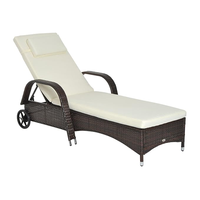 Outsunny Gartenliege Sonnenliege Rattanliege Gartenmöbel Liege mobil mit Kissen, Polyrattan+Metall, Braun/Schwarz, 200x73x56-
