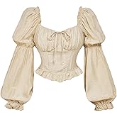 MakeMeChic Women's Renaissance Pirate Costume Corset Tops Puff Long Sleeve Ruched Bust Ruffled Peplum Peasant Blouse