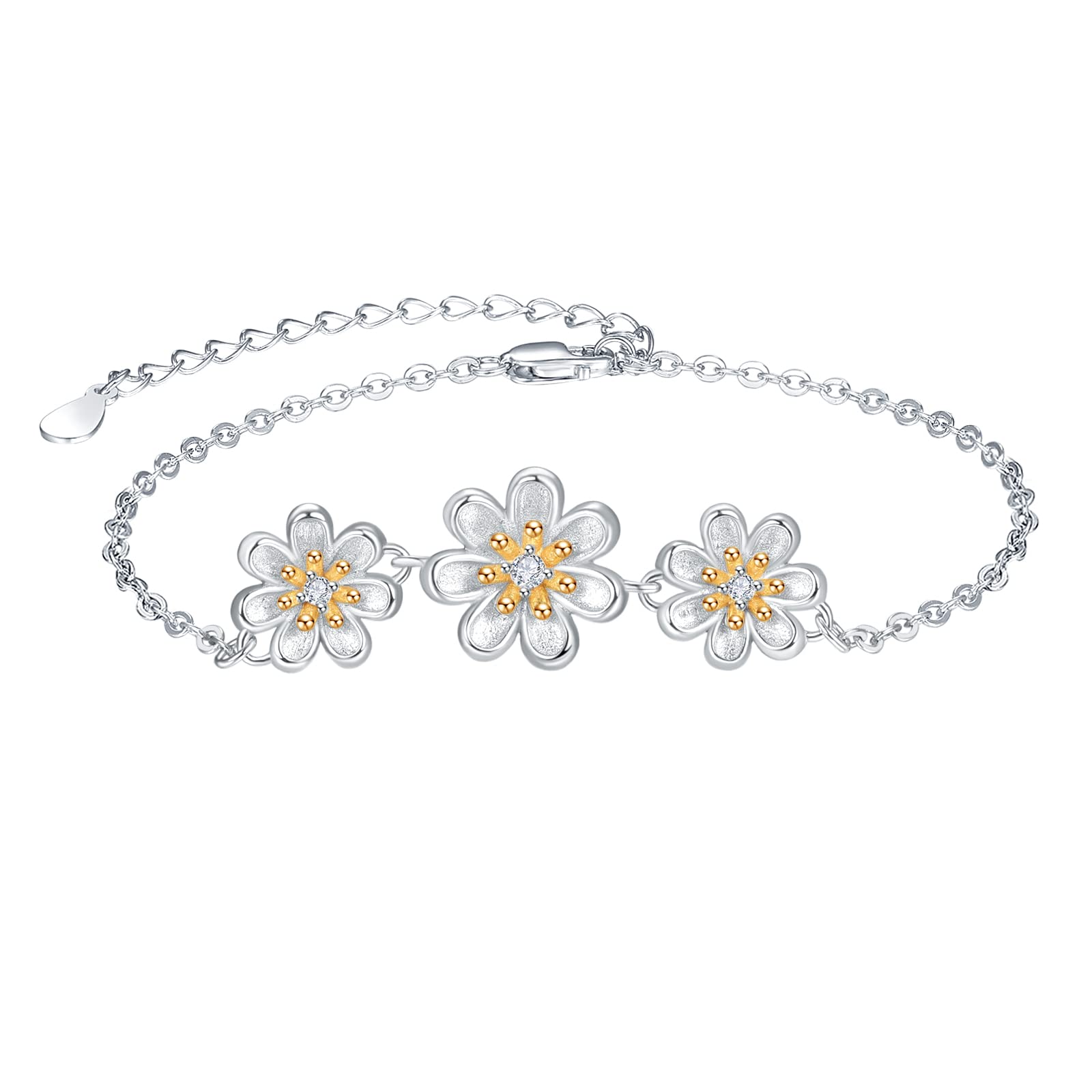 KINGWHYTE 925 Sterling Silver Daisy Bracelet for Women Adjustable Flower Bracelets Daisy Jewelry Gifts for Her Women Girls Wife Girlfriend
