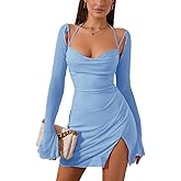 HTZMO Sexy Women's Halter Flounce Sleeves Ruched Mini Dress Sheer Mesh Side Split Cute Party Short Dresses