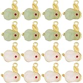 SUNNYCLUE 1 Box 20Pcs Rabbit Charms Imitation Jade Charm Bulk Gold Alloy Enamel White Green Glass Bunny Shaped Bead Inlaid Pendants for Jewelry Making Necklaces Earrings DIY Crafts Easter Supplies