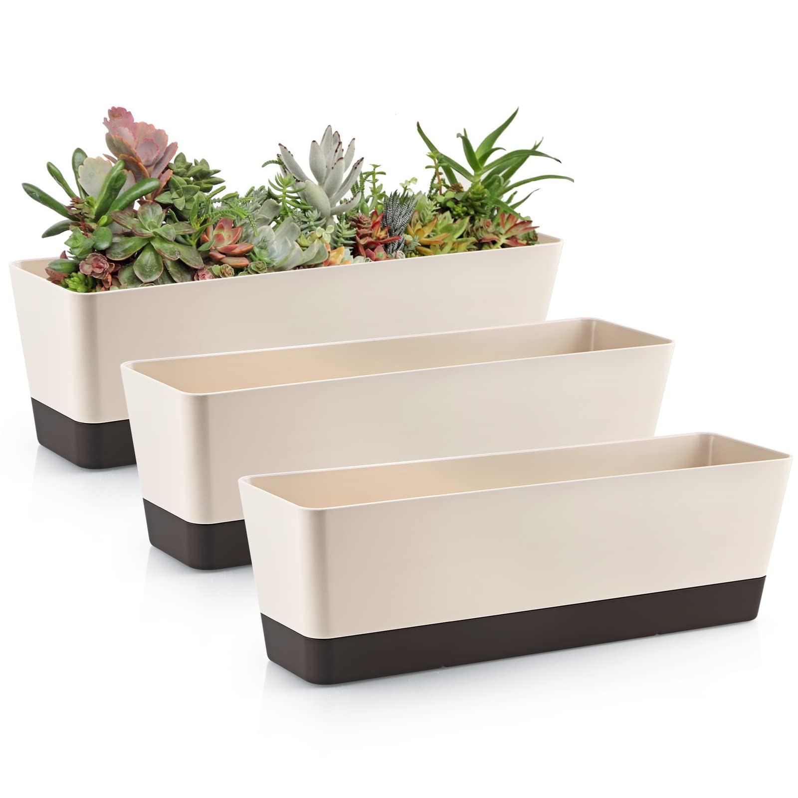 Skelang 3 Pcs 42.5cm Rectangle Flower Pot, Succulent Planter with Drainage Holes and Tray, Vegetable Long Trough Container for Windowsills, Balconies, Tables (Coffee)