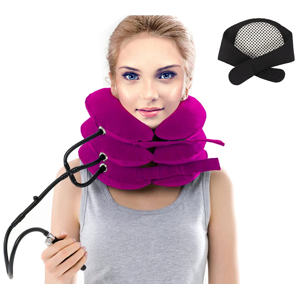 Feierly Cervical Neck Traction Device, 3 Layers Inflatable Adjustable Brace Stretcher Posture Corrector, Air Pump Support, for Pain Relief, Spine Alignment (Steel Ball Stopper)+Neck Brace, Rose Red