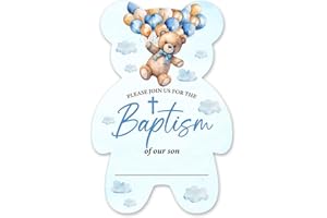 brayqu Baby Boy Baptism Invitations Baptism of Our Son Blue Bear Shaped Invitations Fill-in Bear Baptism Invites (20 Invitations with Envelopes)
