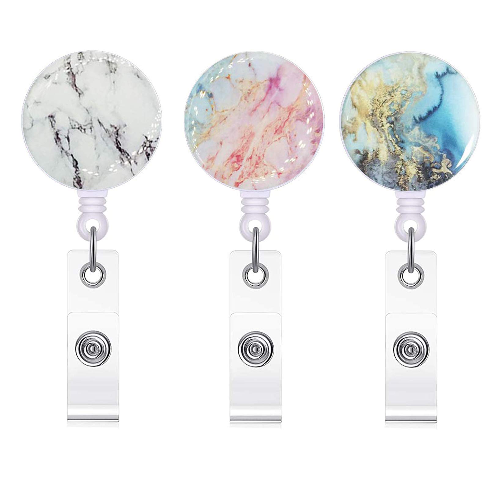 Badge Holder Retractable Nurse Badge Holder Badge Reel with Alligator ID Clip -New Upgraded Marble 3pcs