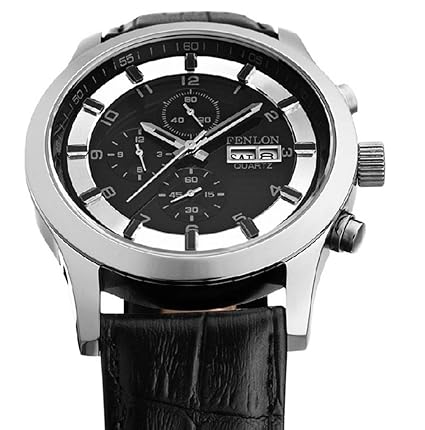 Fenlon Classics Dress Mens Black Leather Strap Silver Wrist Watch