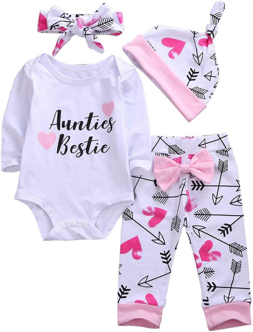 Newborn Infant Baby Girl Clothes Auntie's Bestie Romper Long Sleeve Bodysuit+Flower Print Pants Hat Headband Outfits