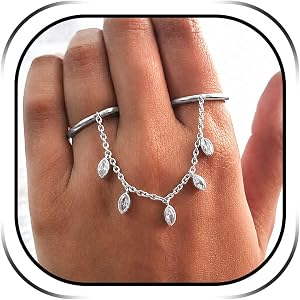 Someki Chain Ring for Women Chunky Cubic Zirconia Dangle Ring Two Finger Rings Adjustable Statement Wedding Engagement Rings