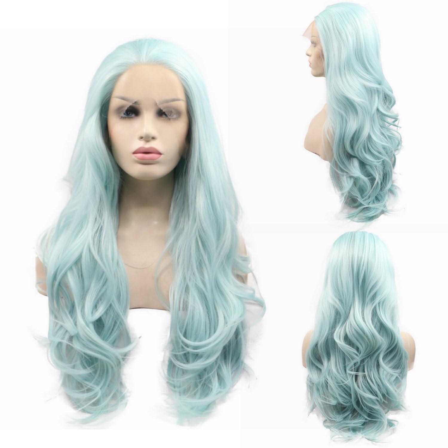 SereneWig Pastel Mixed Blue Wig Long Wave Blue Synthetic Lace Front Wigs Pre Plucked Natural Hairline for Black Women Heat Resistant Fiber Hair Cosplay Daily Wear Wig Free Part
