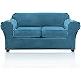 PrinceDeco Velvet Couch Cover Loveseat Covers for 2 Cushion Couch 3 Piece Sofa Covers for Dogs Washable Loveseat Covers Width Up to 72 Inch No Slip Stretch Sofa Slipcover(Medium, Blue)