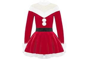 dPois Kids Girls Christmas Mrs Santa Claus Costume Velvet Long Sleeve Dance Figure Ice Skating Faux Fur Dress