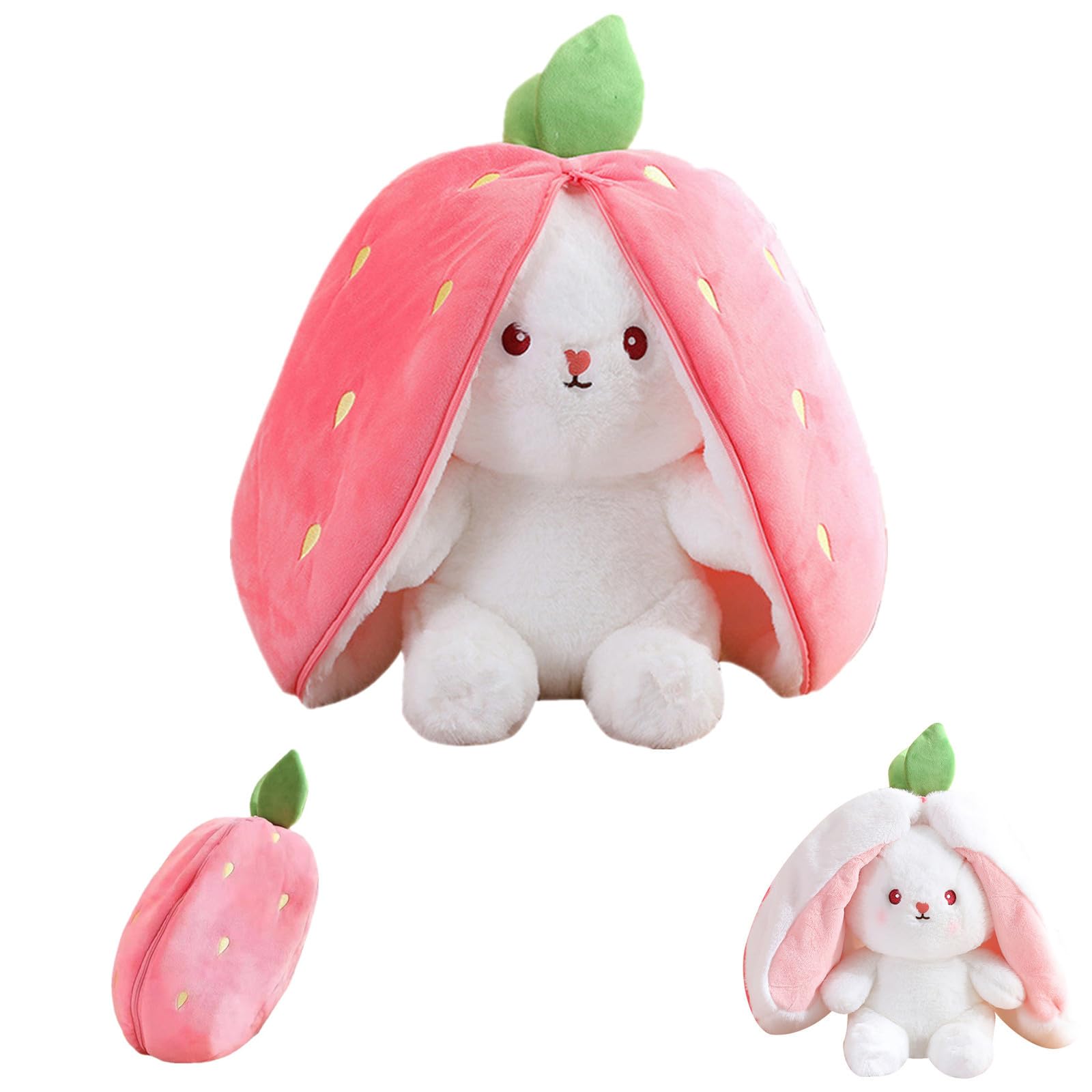 Winnsell Bunny Toy for Kids, Hide And Seek Bunny Plush Toy Reversible Strawberry Rabbit Pillow with Zipper,Wrapped In Strawberries Plush Toy Floppy Ear Soft Stuffed Dolls Gift for Boys Girls